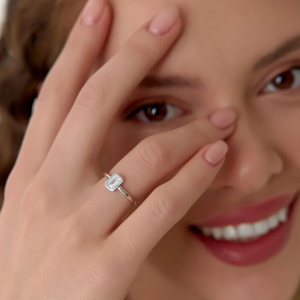 0.75 - 1.50 ctw 14k Bezel Setting Emerald Cut Lab Grown Diamond Engagement Ring - Anna