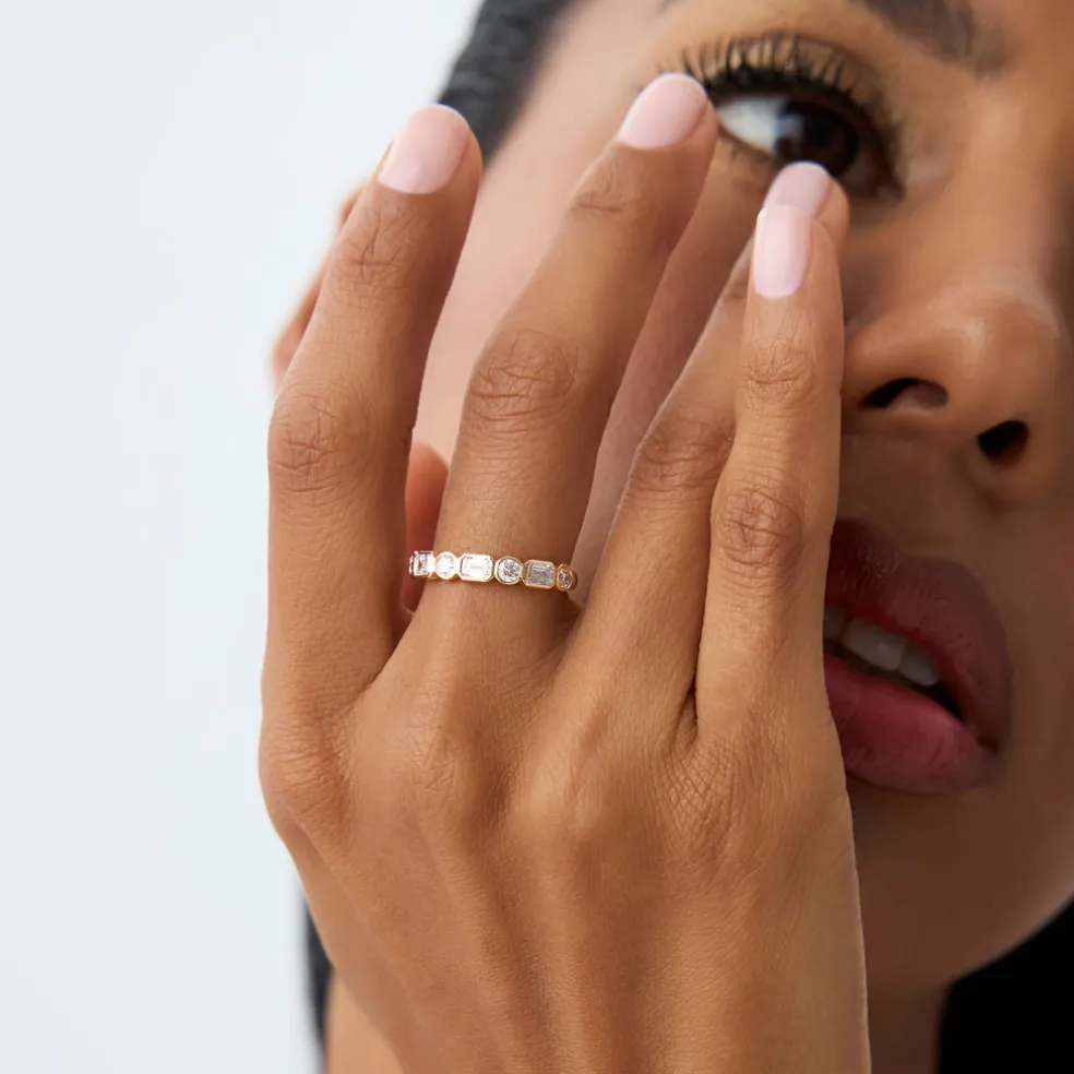 0.95 ctw 14k Bezel Setting Emerald Cut & Round Lab Grown Diamond Wedding Ring - Sarah
