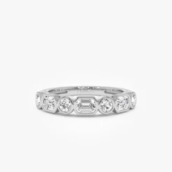 0.95 ctw 14k Bezel Setting Emerald Cut & Round Lab Grown Diamond Wedding Ring - Sarah
