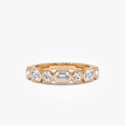 0.95 ctw 14k Bezel Setting Emerald Cut & Round Lab Grown Diamond Wedding Ring - Sarah