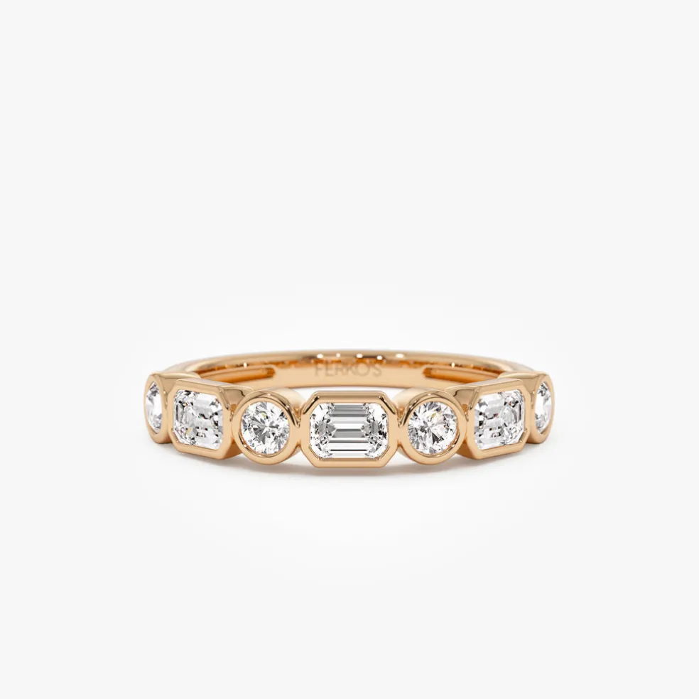 0.95 ctw 14k Bezel Setting Emerald Cut & Round Lab Grown Diamond Wedding Ring - Sarah