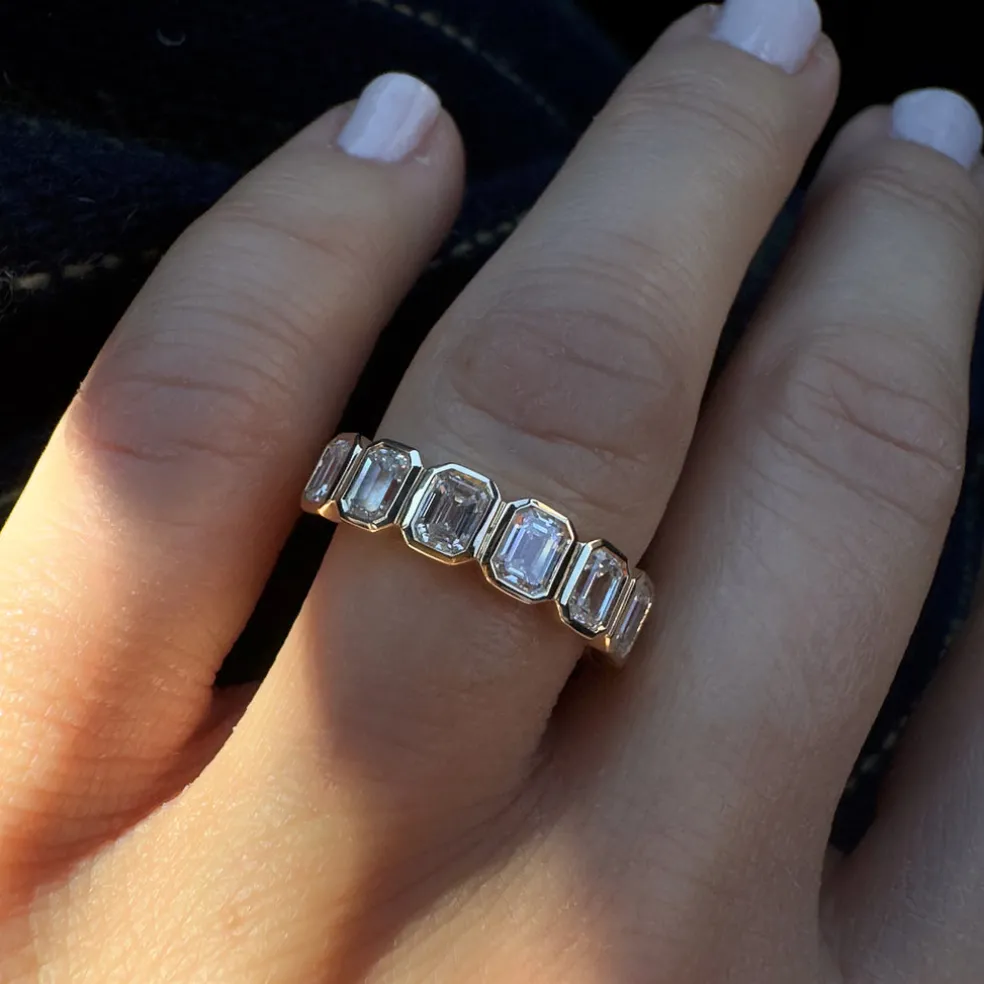 1.45 ctw 14k Bezel Setting Seven Stone Emerald Cut Lab Grown Diamond Wedding Ring - Zoey