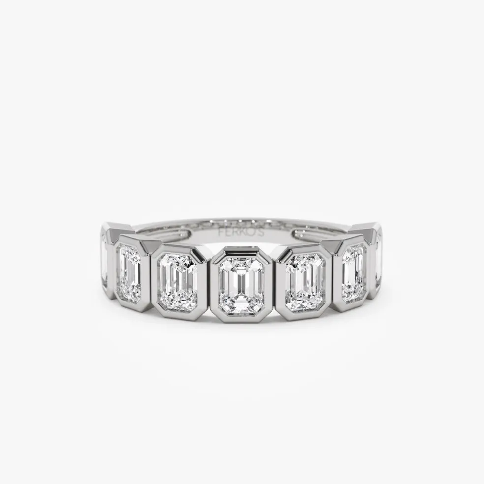 1.45 ctw 14k Bezel Setting Seven Stone Emerald Cut Lab Grown Diamond Wedding Ring - Zoey