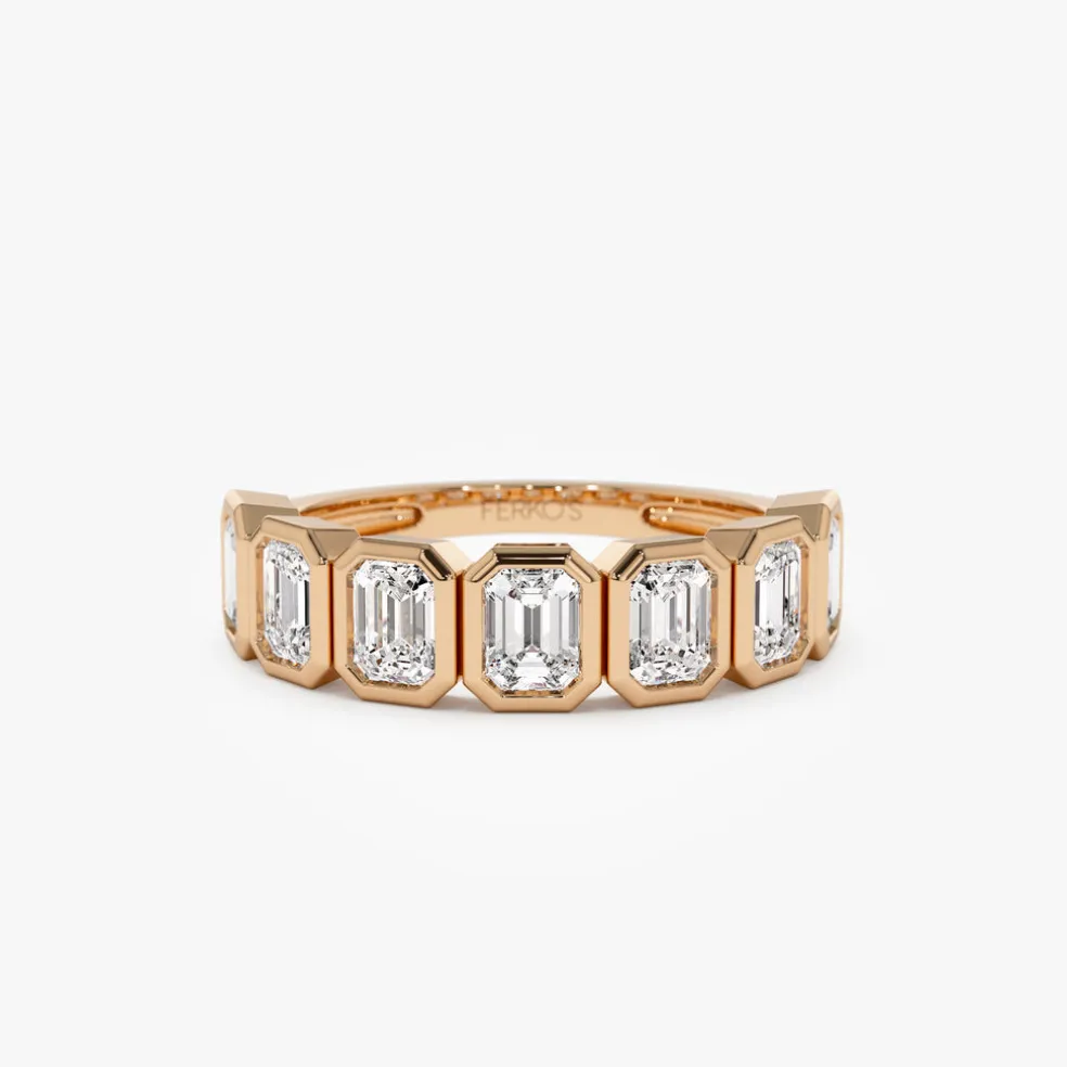 1.45 ctw 14k Bezel Setting Seven Stone Emerald Cut Lab Grown Diamond Wedding Ring - Zoey