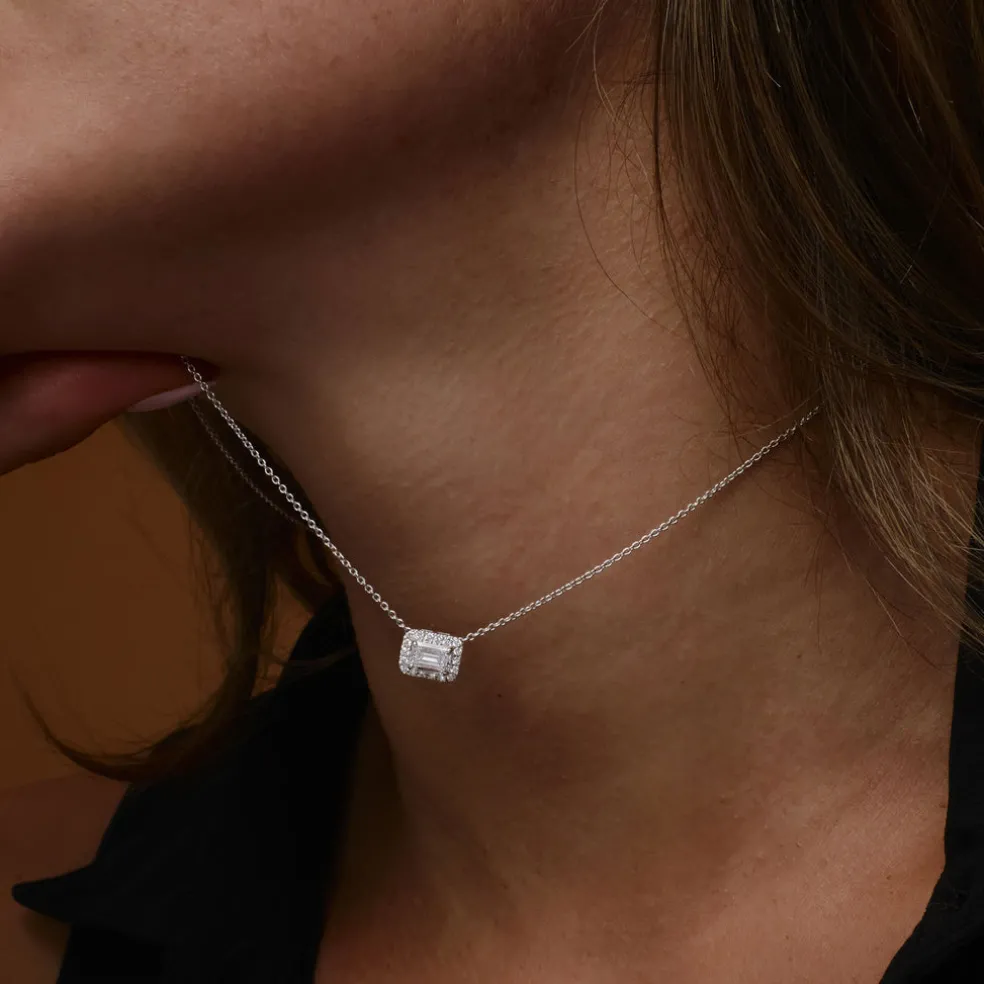 0.90 ctw 14K Halo Setting Emerald Cut Lab Grown Diamond Necklace - Taylor