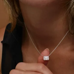 0.90 ctw 14K Halo Setting Emerald Cut Lab Grown Diamond Necklace - Taylor