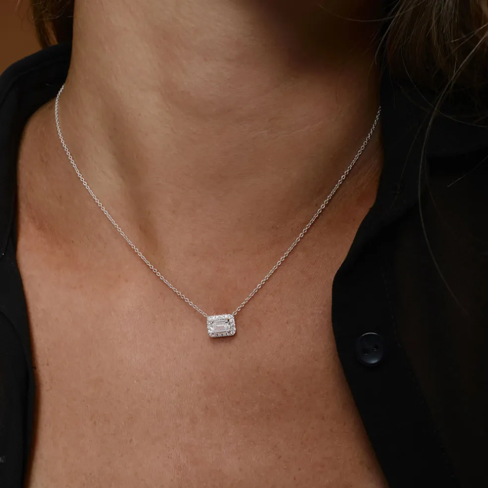 0.90 ctw 14K Halo Setting Emerald Cut Lab Grown Diamond Necklace - Taylor