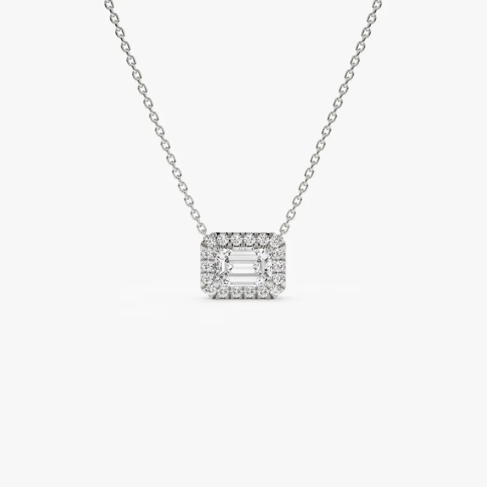 0.90 ctw 14K Halo Setting Emerald Cut Lab Grown Diamond Necklace - Taylor