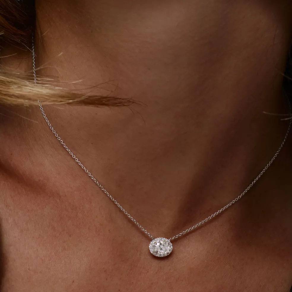 0.90 ctw 14K Halo Setting Oval Cut Lab Grown Diamond Necklace - Amy