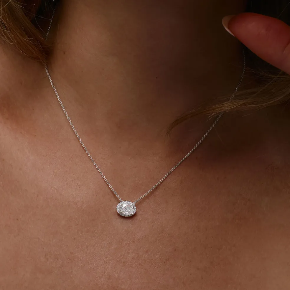0.90 ctw 14K Halo Setting Oval Cut Lab Grown Diamond Necklace - Amy