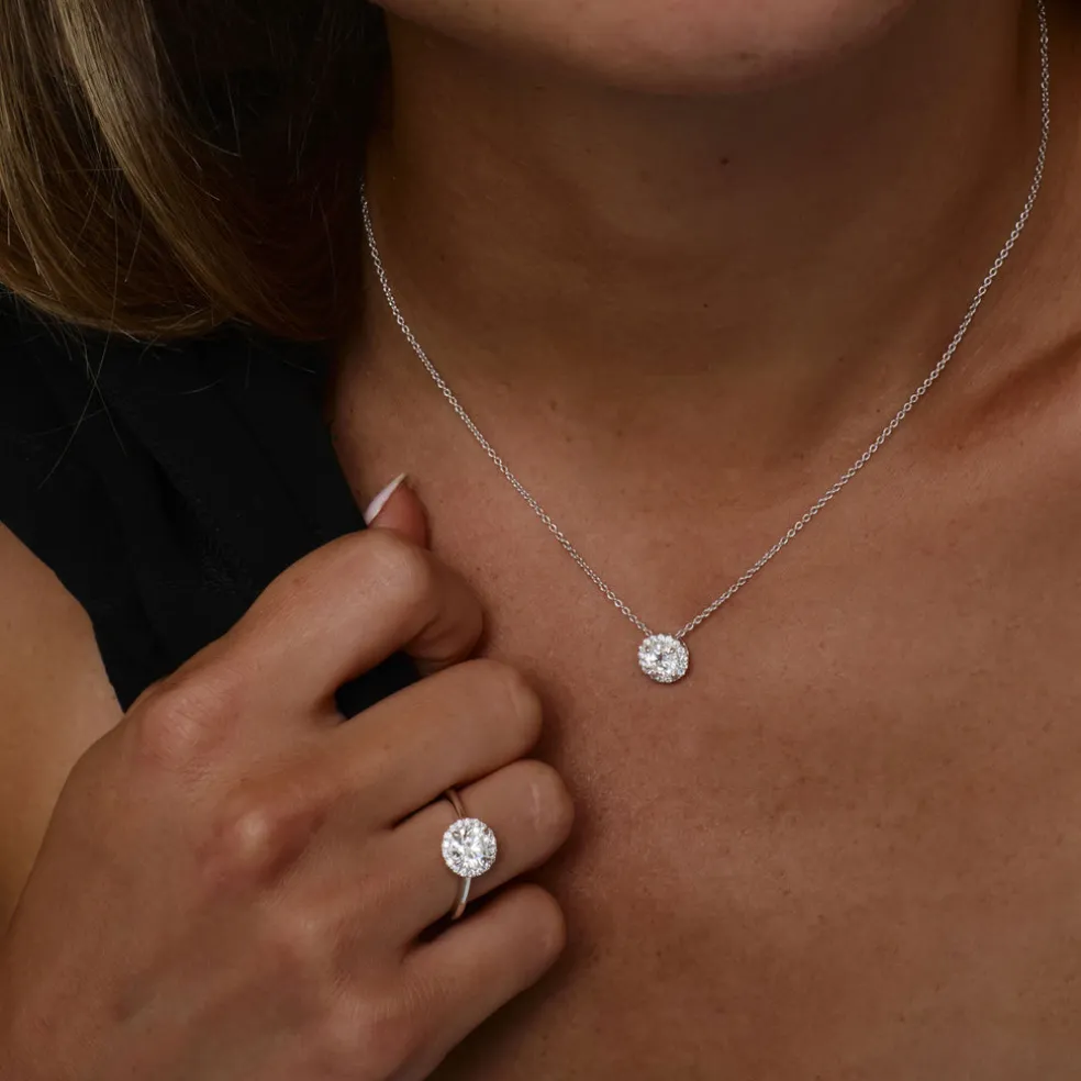 0.90 ctw 14K Halo Setting Round Brilliant Cut Lab Grown Diamond Necklace - Ana