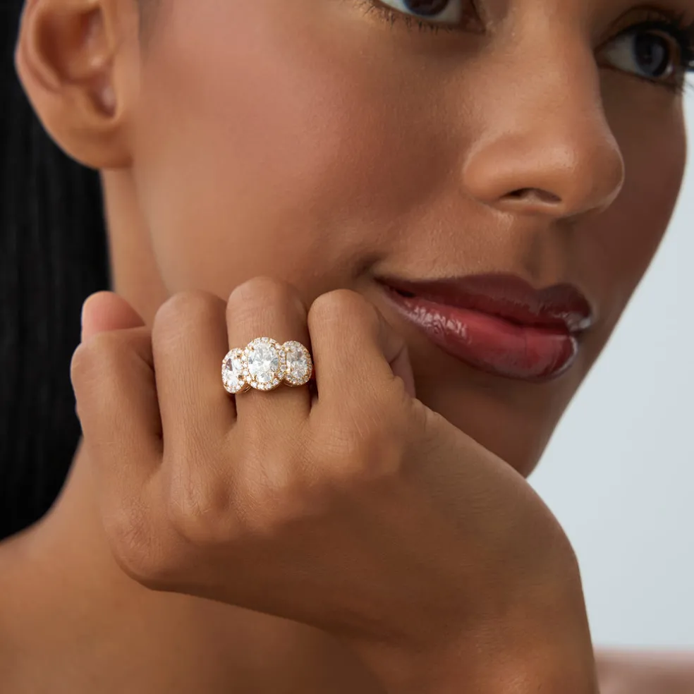 3.35 ctw Three Stone Halo Oval Lab Grown Engagement Ring - Ashley