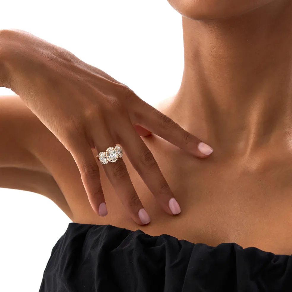 3.35 ctw Three Stone Halo Oval Lab Grown Engagement Ring - Ashley