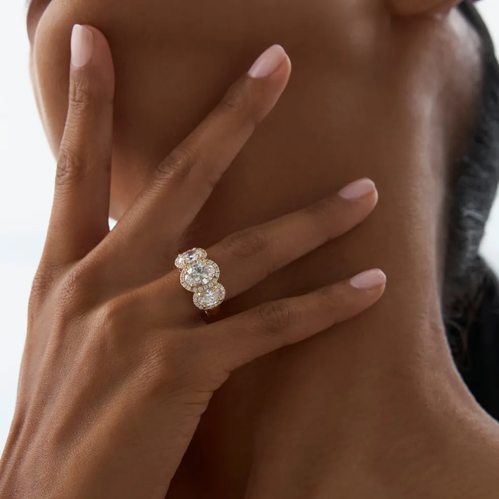 3.35 ctw Three Stone Halo Oval Lab Grown Engagement Ring - Ashley