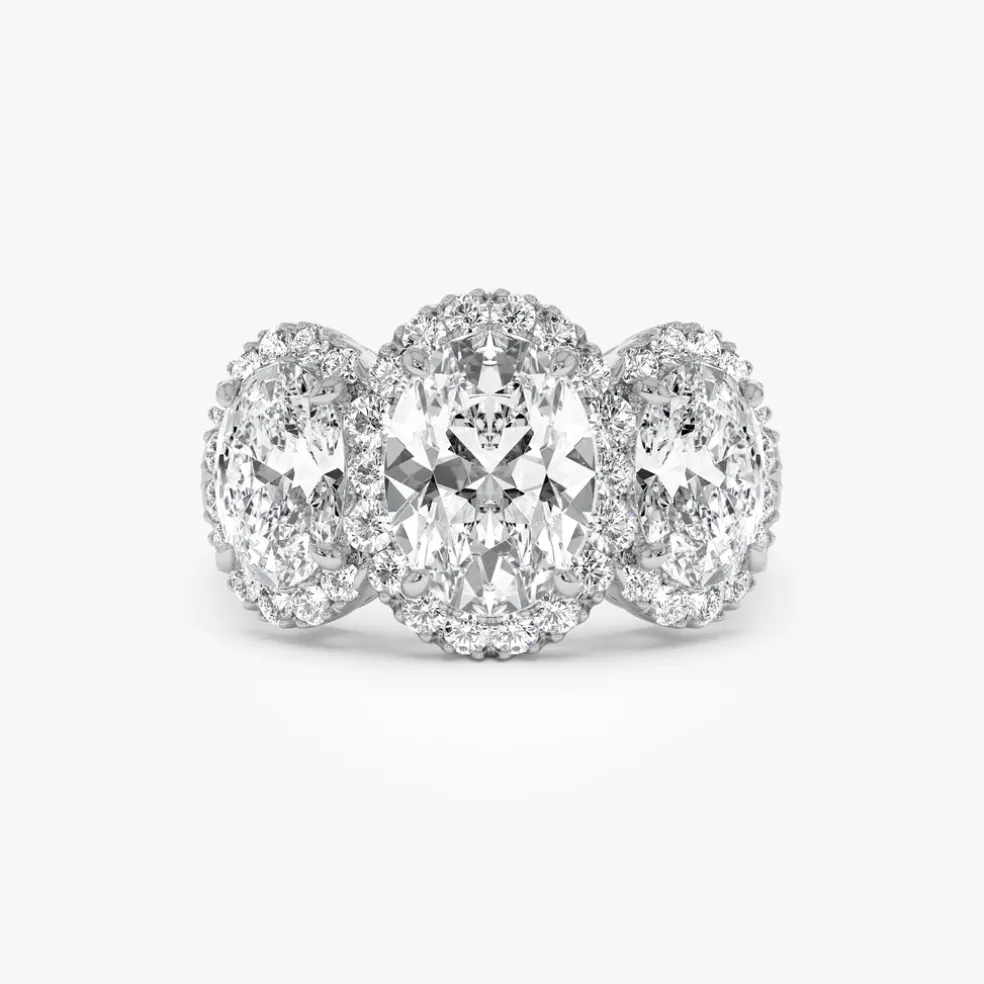 3.35 ctw Three Stone Halo Oval Lab Grown Engagement Ring - Ashley