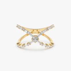 Baguette & Round Diamond Crisscross Ring in 14k Gold
