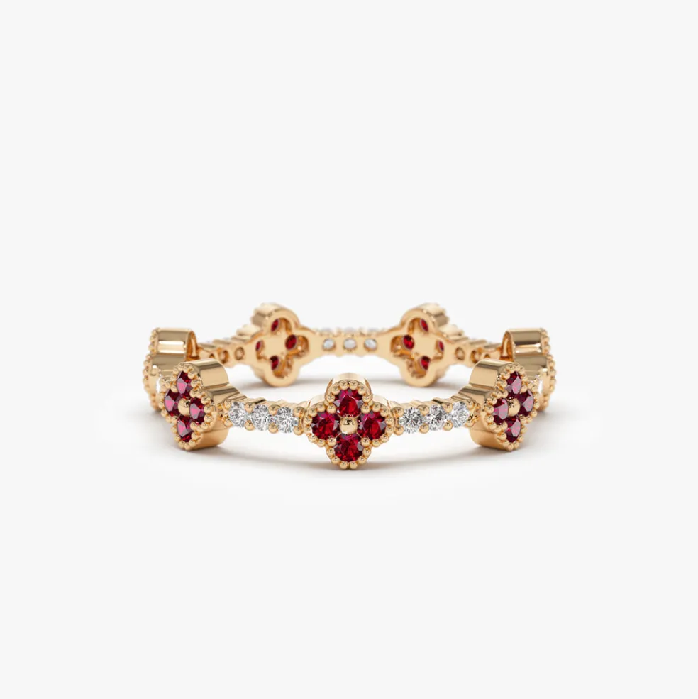 Full Eternity Clover Ruby and Diamond Ring in 14k Gold