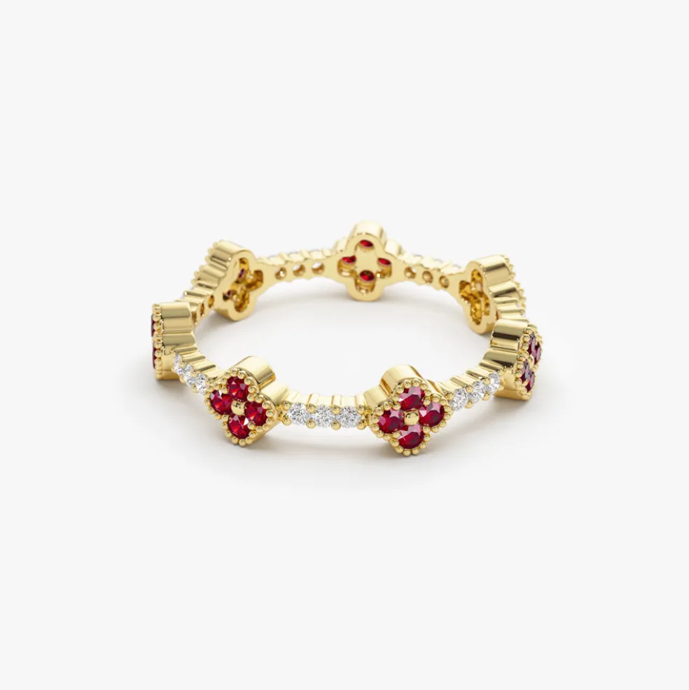 Full Eternity Clover Ruby and Diamond Ring in 14k Gold
