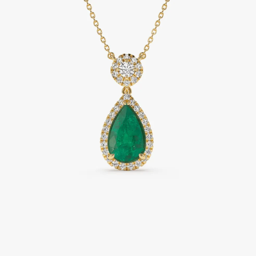 14k 2.00 Ctw Pear Shape Emerald and Diamond Halo Setting Necklace