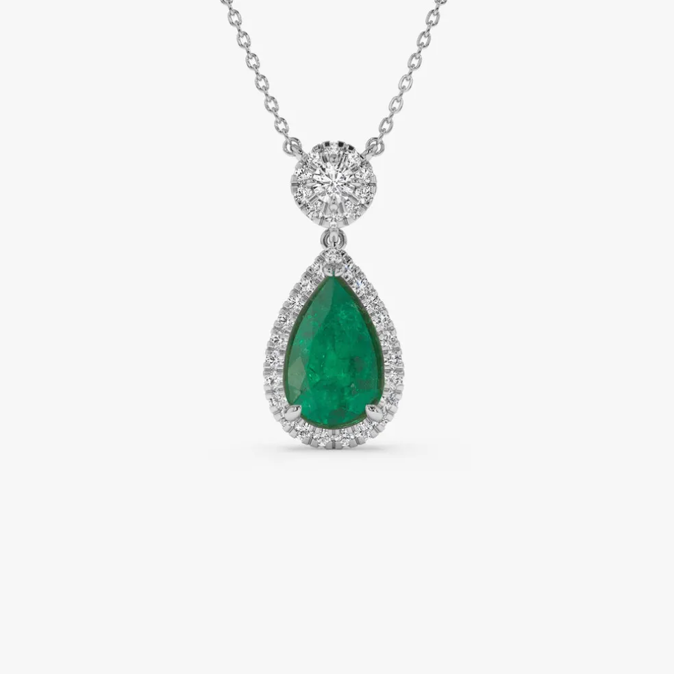 14k 2.00 Ctw Pear Shape Emerald and Diamond Halo Setting Necklace