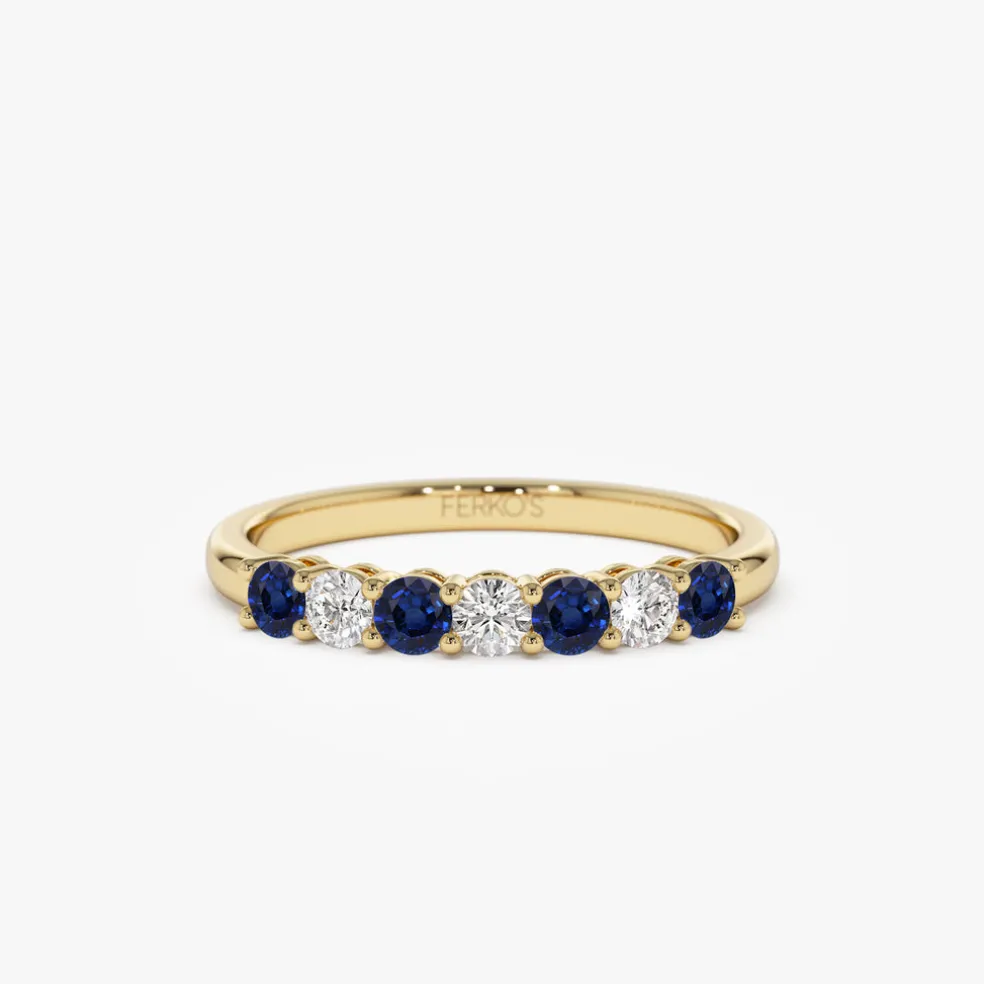 14k 7 Stone Basket Setting Diamond and Sapphire Wedding Ring