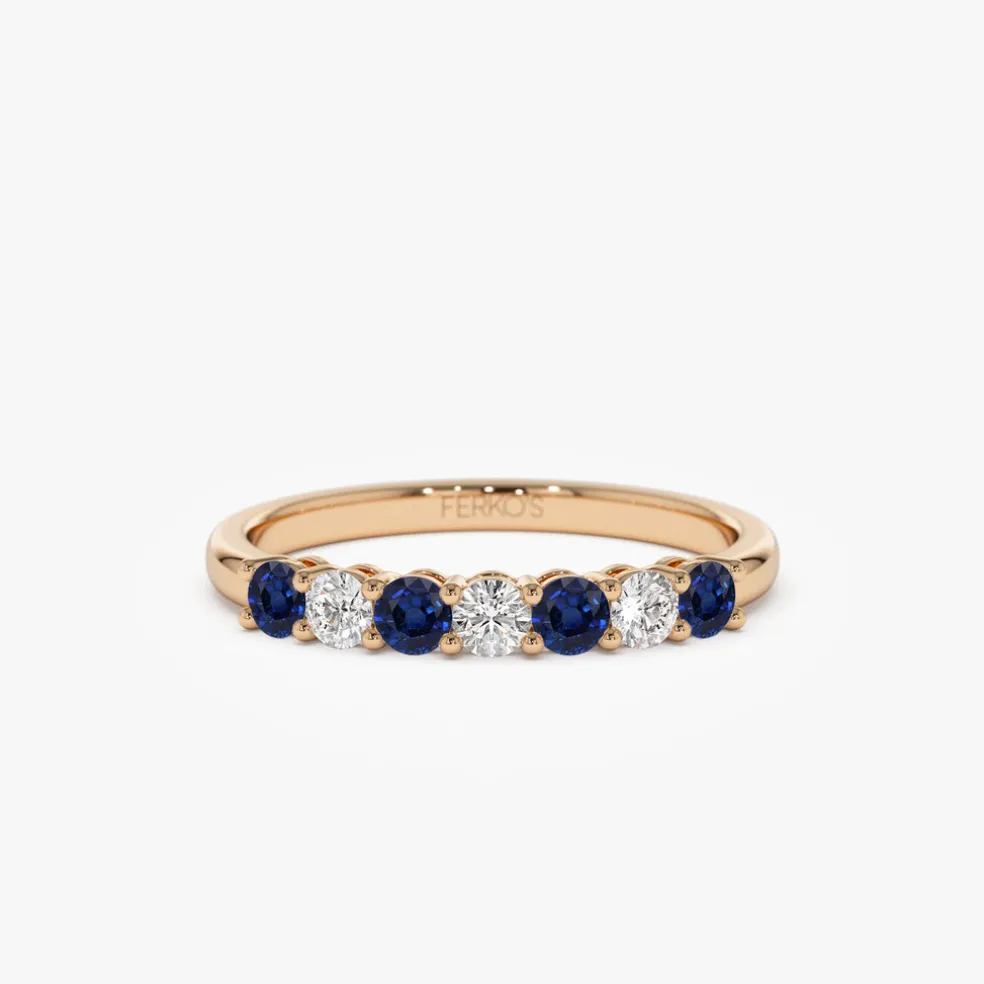 14k 7 Stone Basket Setting Diamond and Sapphire Wedding Ring