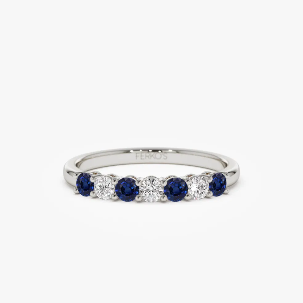 14k 7 Stone Basket Setting Diamond and Sapphire Wedding Ring