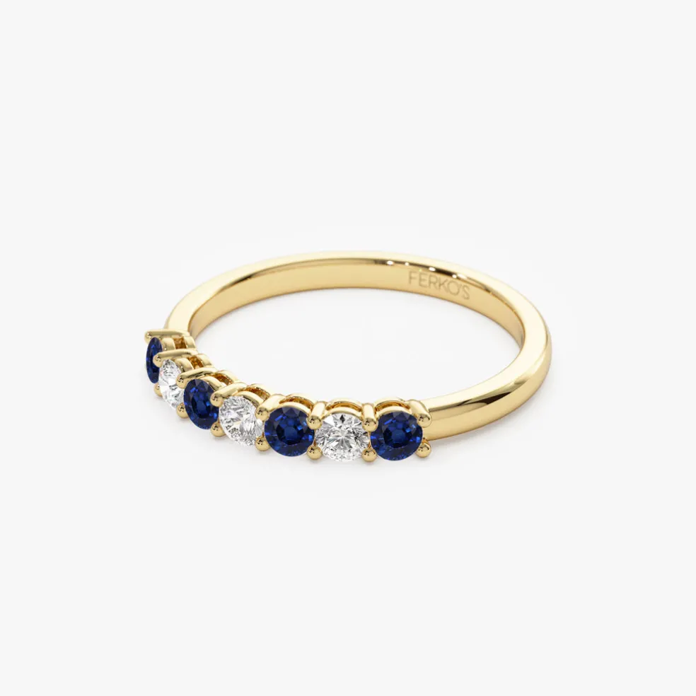 14k 7 Stone Basket Setting Diamond and Sapphire Wedding Ring