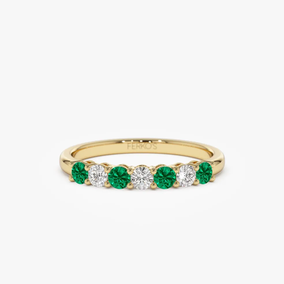 14k 7 Stone Basket Setting Diamond and Emerlad Wedding Ring