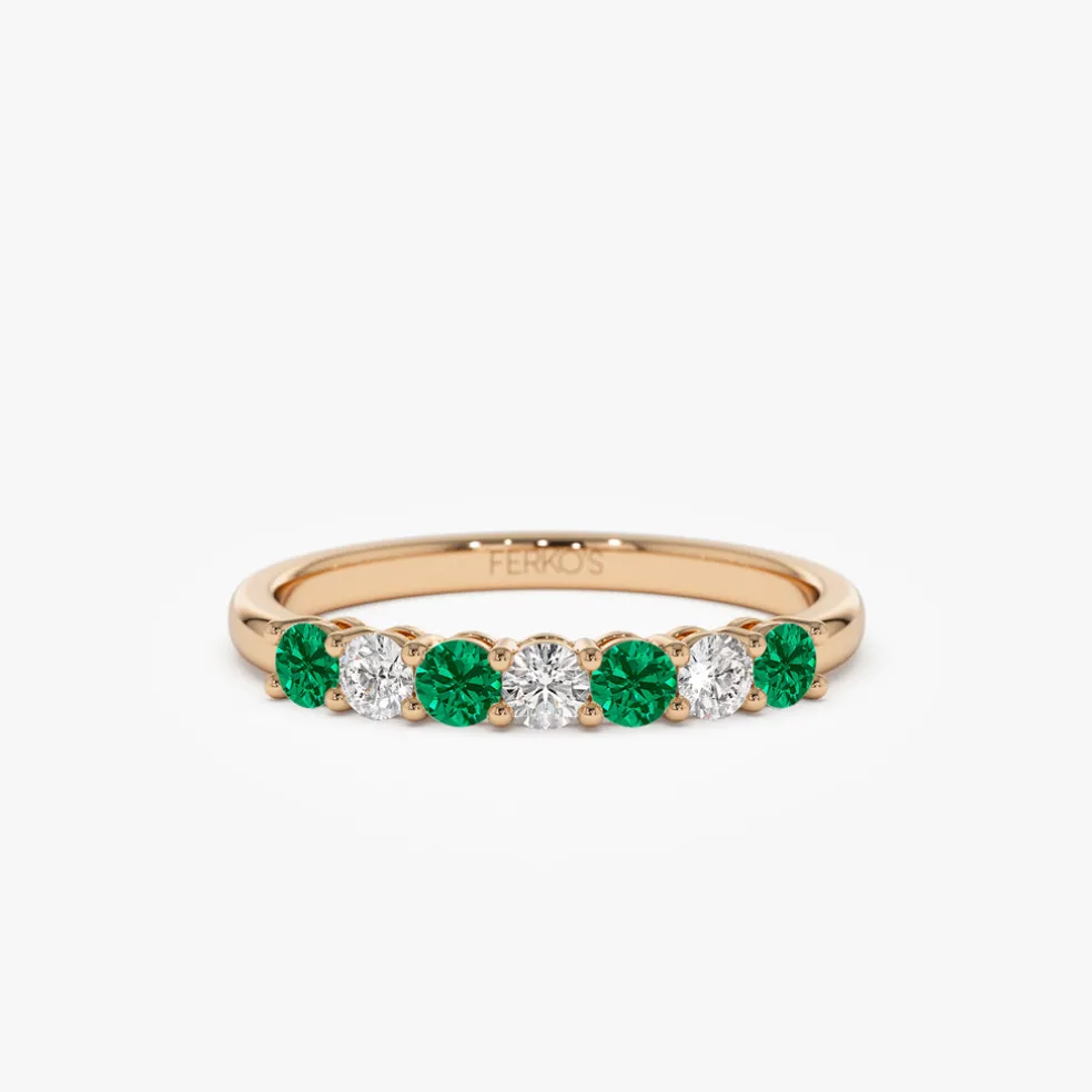 14k 7 Stone Basket Setting Diamond and Emerlad Wedding Ring