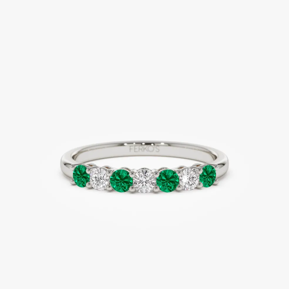 14k 7 Stone Basket Setting Diamond and Emerlad Wedding Ring