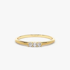 14k 3 Stone Beaded Diamond Ring