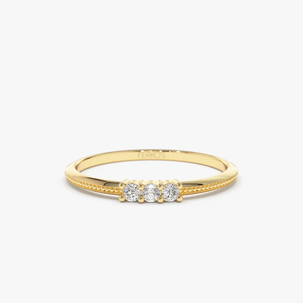 14k 3 Stone Beaded Diamond Ring