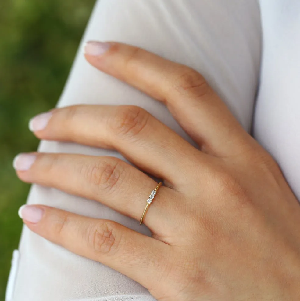 14k 3 Stone Beaded Diamond Ring