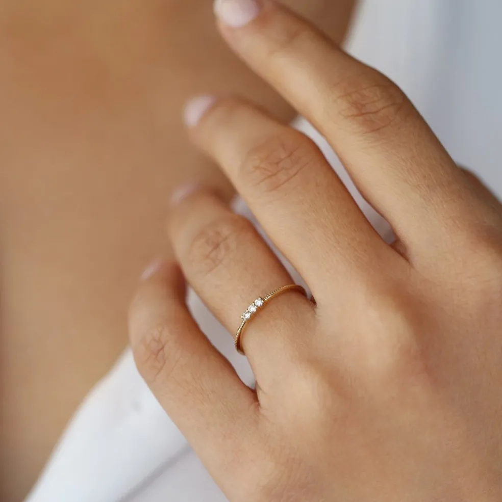 14k 3 Stone Beaded Diamond Ring