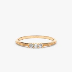 14k 3 Stone Beaded Diamond Ring