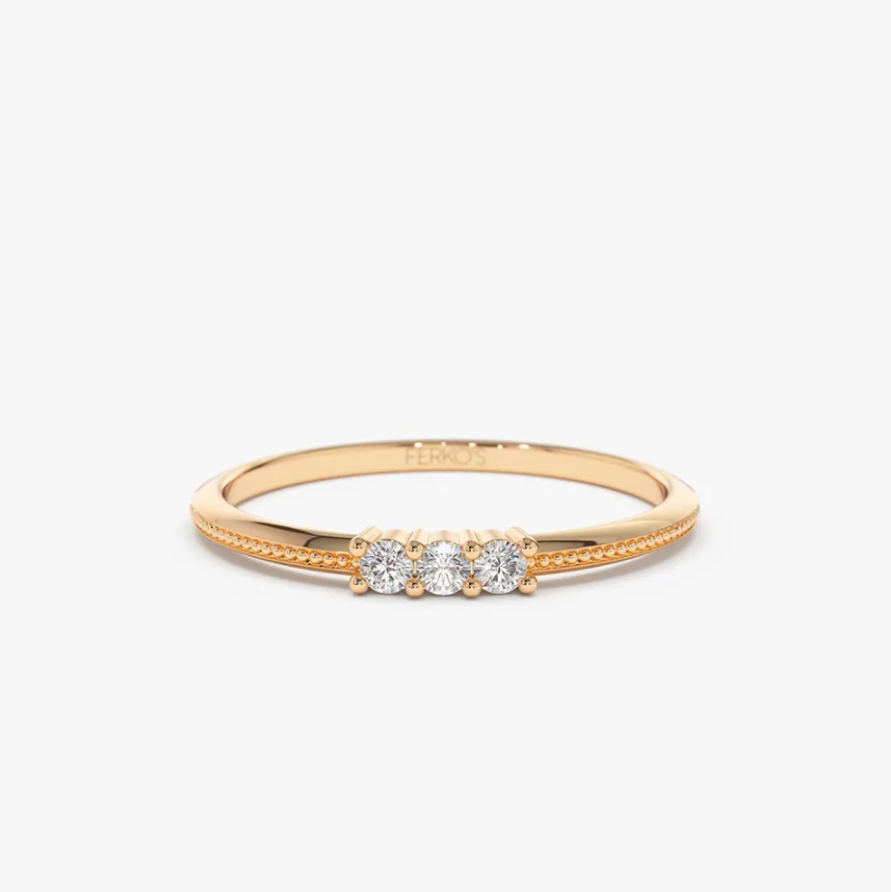 14k 3 Stone Beaded Diamond Ring