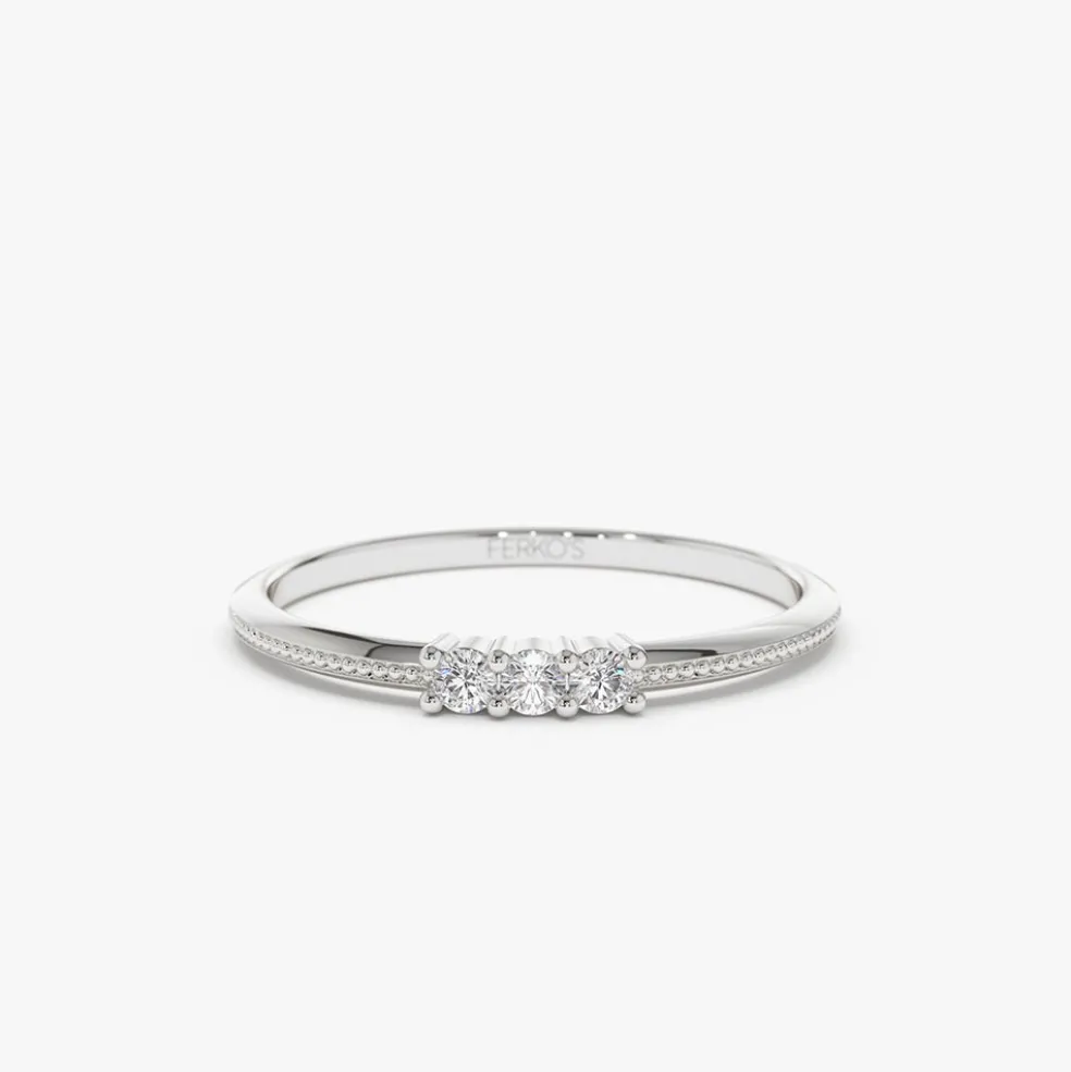 14k 3 Stone Beaded Diamond Ring