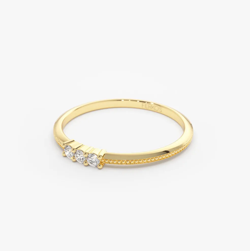 14k 3 Stone Beaded Diamond Ring