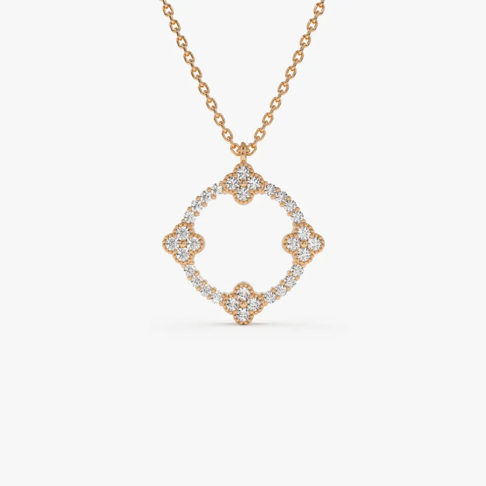 14k All Diamond Clover Circle Necklace