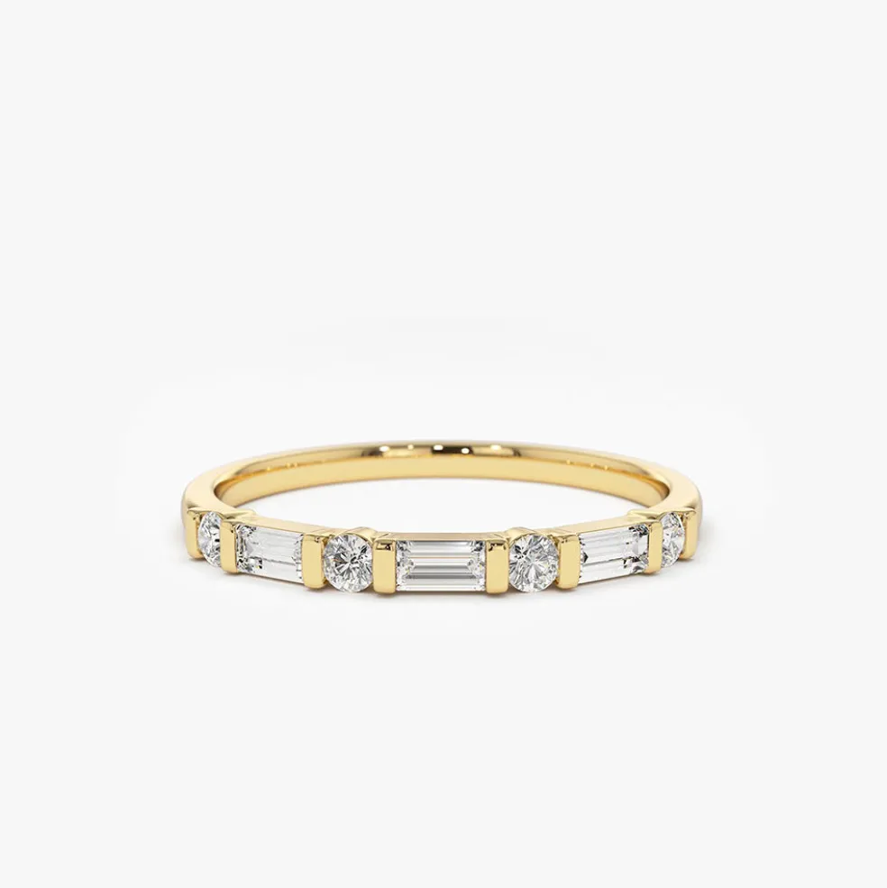 14K Alternating Baguette and Round Diamond Wedding Ring