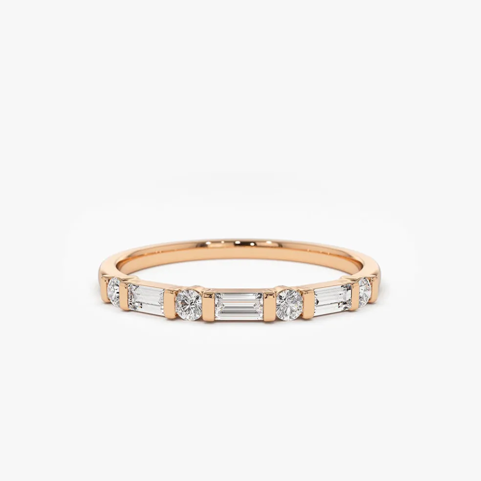 14K Alternating Baguette and Round Diamond Wedding Ring
