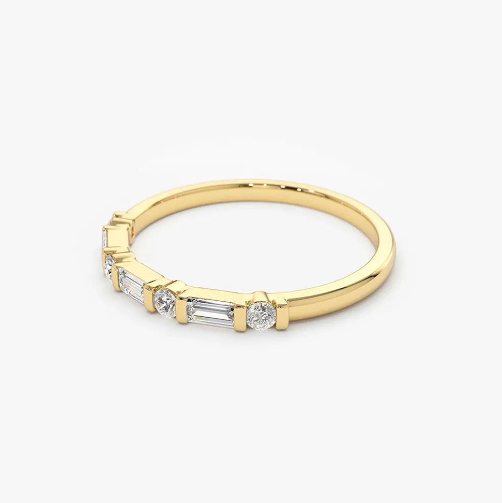 14K Alternating Baguette and Round Diamond Wedding Ring
