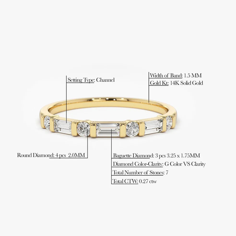 14K Alternating Baguette and Round Diamond Wedding Ring