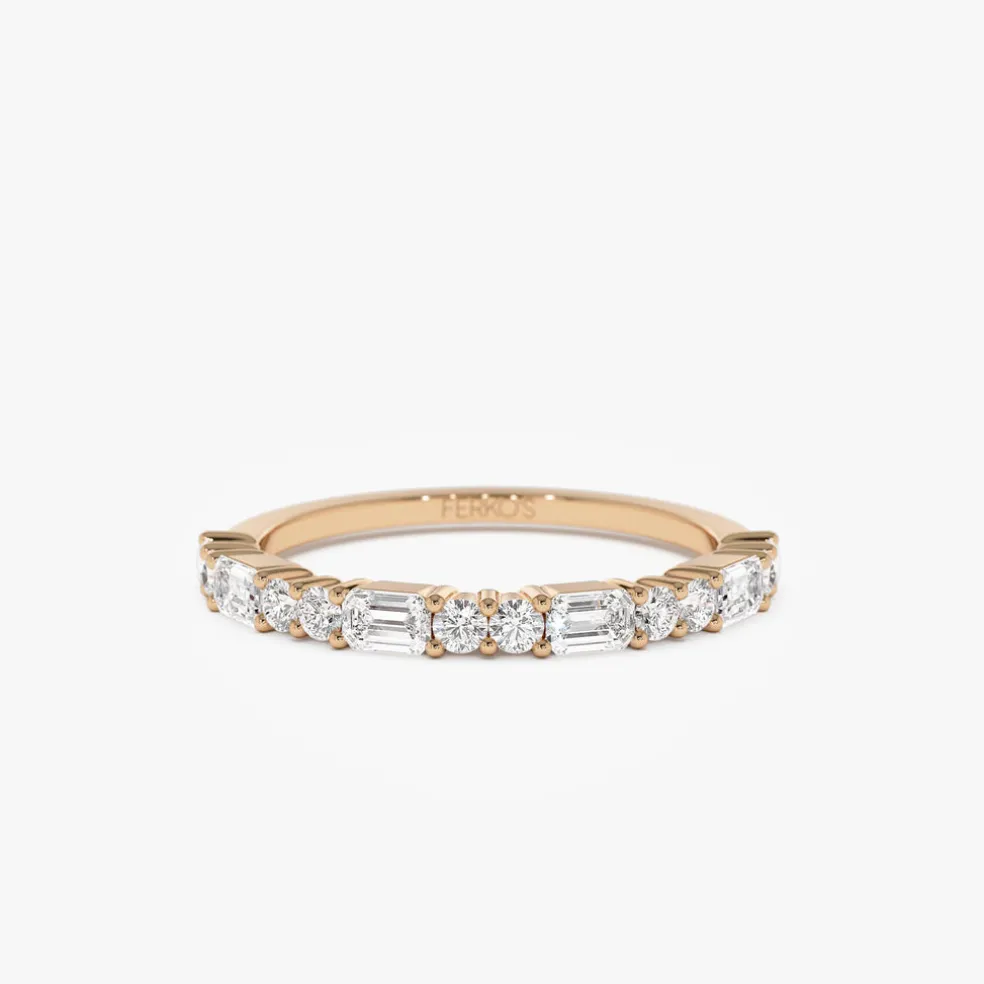 14k Alternating Emerald Cut and Round Diamond Ring