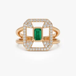 14k Art Deco Design Emerald Halo Ring