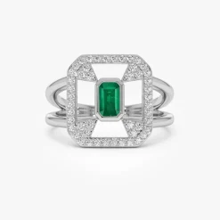 14k Art Deco Design Emerald Halo Ring