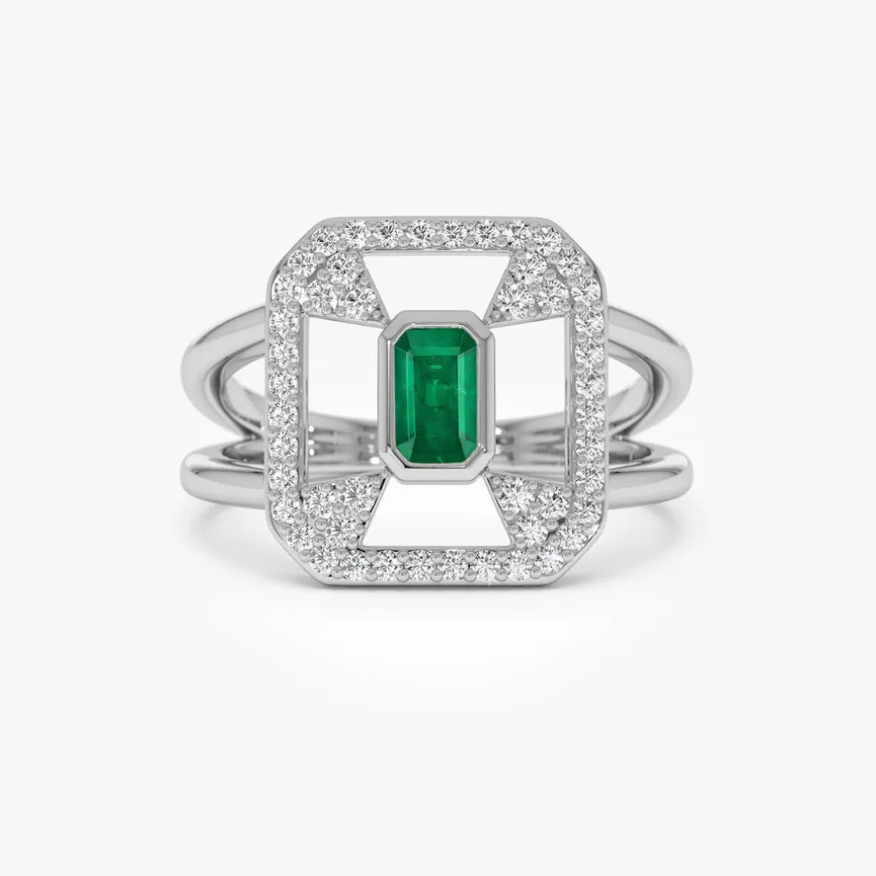 14k Art Deco Design Emerald Halo Ring