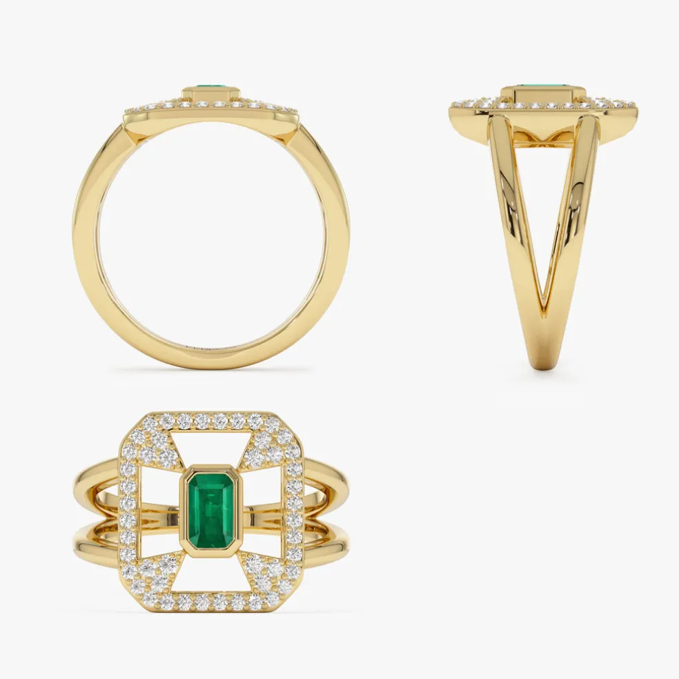 14k Art Deco Design Emerald Halo Ring