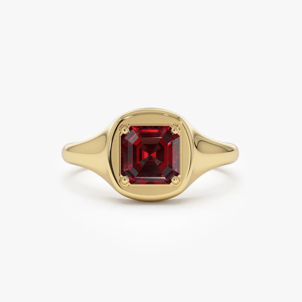 14K Asscher Cut Garnet Signet Ring